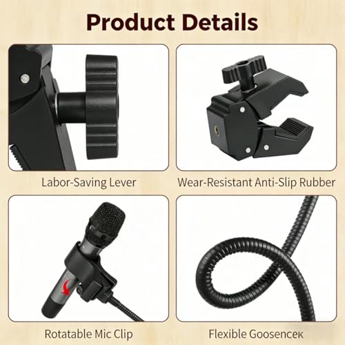Microphone Stand Arm Gooseneck11.8”/30cmMic Stand Desk With Adjustable Mic Clip & Super Crab Clamp,Desk/Pole Mount Compatiblewith Shura/Fifina/AT2020/Pyla/Blua Snowbell/Rezer