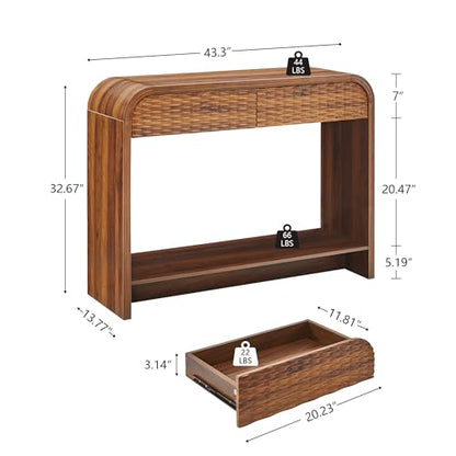 Curved Console Table Arch with Storage, Narrow Entryway Table with Drawers, 43.3'' Couch Table Behind Sofa Long and Skinny for Living Room TV, Hallway Entrance Foyer, Mid Century Farmhouse Rattan