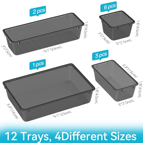 ElegantArray 12-Piece Drawer Organizer Set, 4 Sizes Versatile Plastic Vanity Organizer for Makeup, Stationery, Gadgets, in Kitchen, Bathroom, Office, and Bedroom, Black - color: Black, size: 12 Pcs