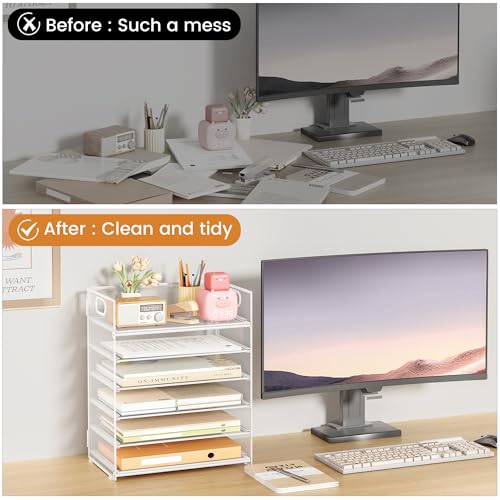 Subekyu 6 Tier Paper Organizer for Desk with Handle, Metal Mesh Desk Office File Folder Paper Letter Tray Accessories Organizer Sorter for Home, School, Office Desktop Document Organization - White - color: White