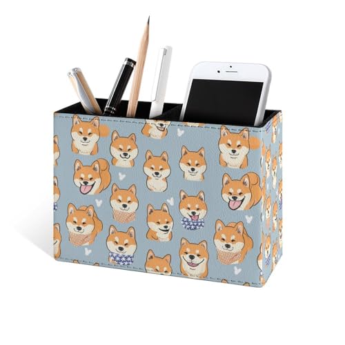 Famame Shiba Inu Puppies Dog Cute Pencil Holder for Desk, Leather Desktop Container Pen Cup Storage Study Table Pen Organizer Makeup Brush Holder for Classroom Office Home - color: Shiba Inu Puppies