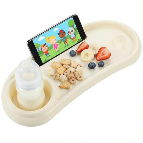 Li&Zhao Universal Stroller Snack Tray 3-in-1 Detachable Stroller Snack Tray Attachment with Secure Phone Holder, Spill-Proof Cup Holders Compartments, Easy-Clean Universal Snack Tray for Stroller - color: D-Beige