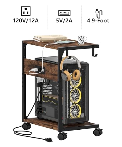 Akxomel 2 Tier Computer Tower Stand with Charging Station, 11.8" D x 16.5" W Rolling Floor PC Tower Stand Fits Under Desk, CPU Holder Cart for Carpet with Hooks, C Shaped End Table for Home Office - color: Rustic Brown