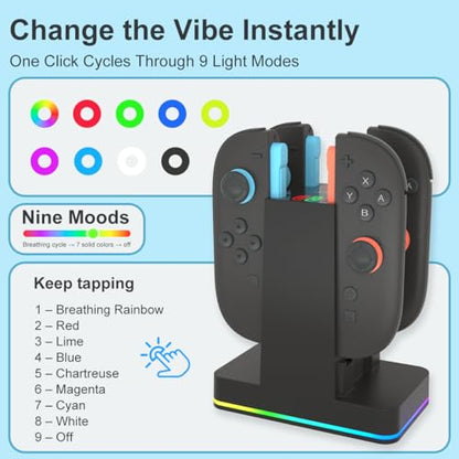 PURBHE Switch 2 JoyCon Charging Dock for Nintendo Switch Controller Charger, Accessories for Nintendo 1/2 Charging Station with RGB Light - 4 in 1 Charge Switch 2 with 60cm USB- C Power Cord - size: 60cm