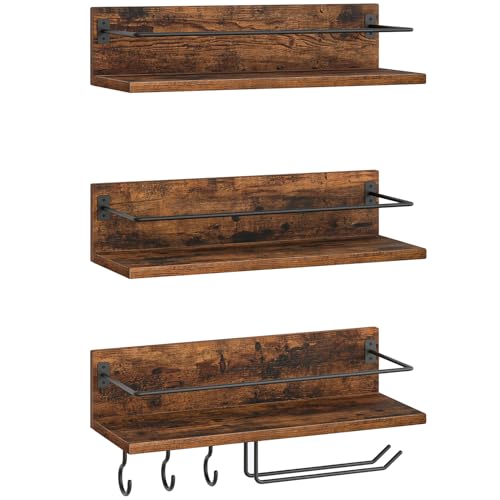 HOOBRO Wall Mounted Wine Rack 3 Pack, Wine Shelf Hanging Floating Wall Shelves, Wine Glass Bottle Rack Stemware Holder, for Living Room, Dining Room, Kitchen, Rustic Brown and Black BF33BJ01
