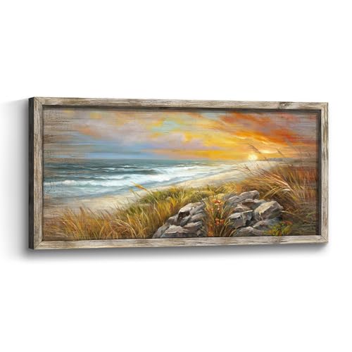 Framed Beach Wall Art Picture:Sunset Coastal Wooden Painting Ocean Sea Wave Artwork Seaside Seascape Grass Print Decor for Living Room Bedroom 24x12 inch - color: Beach 04, size: 24"L x 12"W