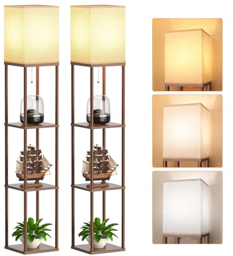 PARTPHONER Floor Lamp with Shelves for Living Room Walnut Brown 2 Pack, Shelf Floor Lamp with 3 CCT LED Bulb, Corner Display Standing Column Lamp Etagere Organizer Tower Nightstand for Bedroom - color: Walnut Brown