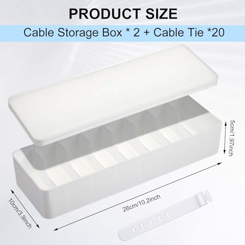 Tatuo 2 Pcs Cable Organizer Box with Wire Ties, Plastic Cord Storage Box with Lid, Electronics Organizer for Home Office Desk Organizers and Accessories (White) - color: White