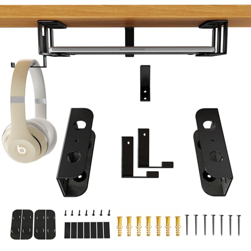 BYMECOST Under Desk Laptop Storage Mount with Hook, Metal Under Desk Device Holder, for Devices Up to 1.37" Thick, MacBook, Mini, Keyboard, Router, with Anti-Scratch Silicone (Black, 2.1" with Hook) - color: Black, size: 2.1" with hook