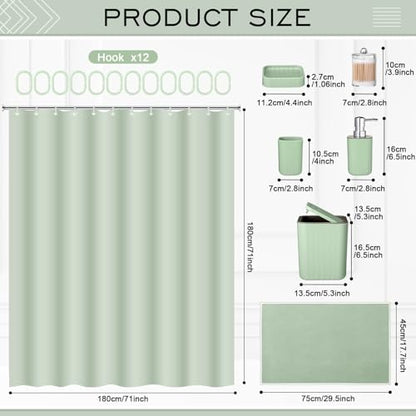 Hosuly 9 Pcs Bathroom Accessory Set Shower Curtain and 12 Hooks Table Trash Can Soap Dispenser Soap Dish Non Slip Bathroom Rugs Cup and Cotton Swab Holder Complete for Bathroom Decor (Sage Green) - size: Sage Green