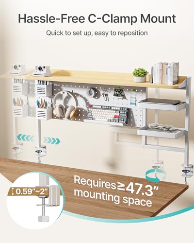 PEGZONE Clamp on Desk Shelf, 44" Desktop Shelving System, White | with Pegboard and Accessories, Desktop Organizer with 2-Tier Shelf, Desk Pegboard for Gaming Office - color: White