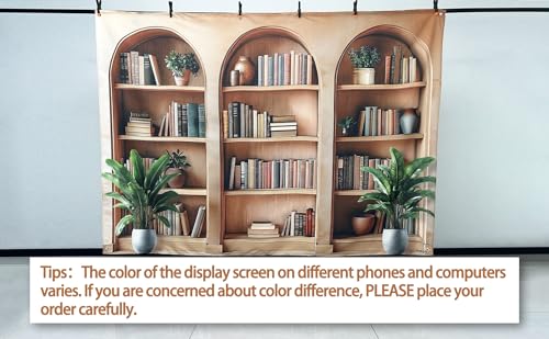 7x5ft Fabric Arched Bookshelf Backdrop School Library Books Modern Office Plants Video Conference Photography Background Indoor Decorations Photo Banner Props - size: 7'x5'
