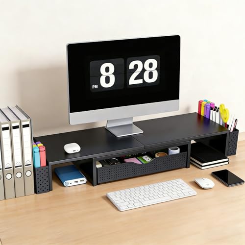 Spacrea Metal Desk Organizers and Accessories, Dual Monitor Stand Riser with Drawer and 2 Pen Holders, Book Racks, Desk Accessories & Workspace Desktop Organizers for Office Supplies (Black) - color: Black