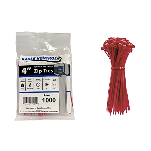 Kable Kontrol Red Zip Ties 4 Inch 1000 Pcs, 18 Lbs Tensile Strength, Self-locking Nylon Colored Cable Ties Wire Wraps for Indoor or Outdoor Use - color: Red, size: 4" - 18 Lbs - 1000 Pcs