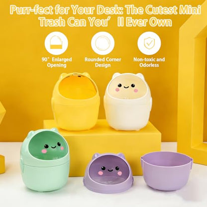 Mini Trash Can, Cute Small Trash Can with Lid, Desktop Paper Bin with 5 Rolls of Bin Liners, Portable Tabletop Dustbin, Cartoon Animal Rubbish Storage for Office Bedroom Desk Kitchen(Yellow) - color: Yellow