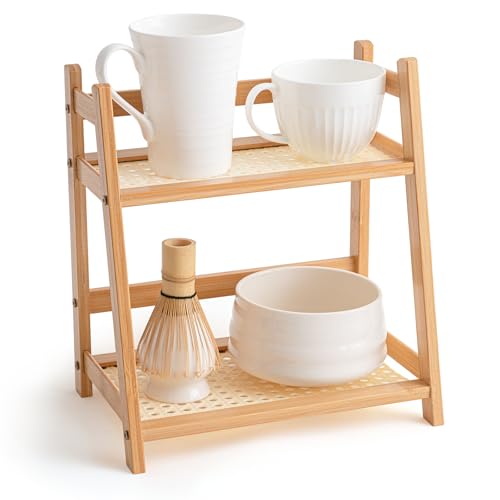 Yalikop 1 Pcs 2 Tier Matcha Station Shelf Bamboo Coffee Mug Stand Countertop Storage Rack, Double Layer Rattan Office Cup, Kitchen, Tea, Plant, Bar Accessories Condiment Display(Wood,10.2 Inch) - color: Wood Color, size: 10.2 inch