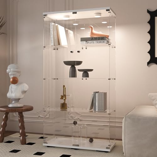 Beauty4U Glass Display Cabinet with LED Light, 4 Shelves with 2 Doors, Curio Cabinets for Living Room, Bedroom, Office, White Floor Standing Glass Bookshelf, Quick Installation - color: White-led, size: 2-Door 4-Shelf