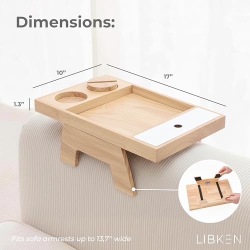 Libken Couch Arm Tray – Rubberwood Sofa Armrest Table with Extra Storage Compartment, Minimal Scandinavian Wooden Design, Fits Multiple Arm Shapes & Sizes – Elegant Couch Armrest Organizer