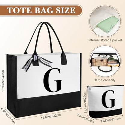 Aliceset Initial Gifts for Women Monogram Canvas Tote Bag and Makeup with Zipper and Initial Glass Coffee Cup Gifts for Her - style: Letter G