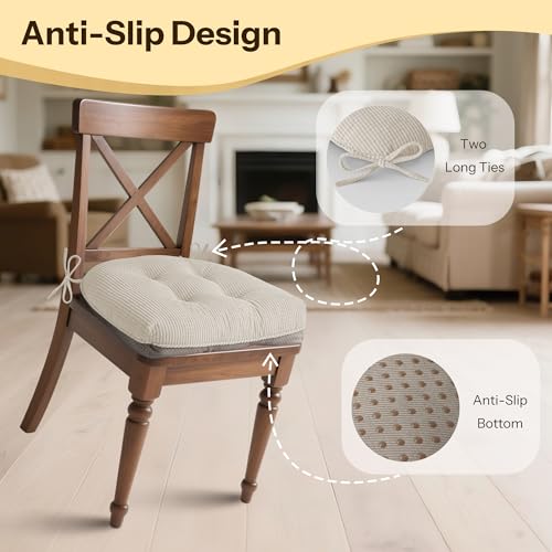 Indoor Kitchen Chair Cushions Set of 4 18"X16.5"X3" Soft Anti Slip Dining Chair Pads Tufted Kitchen Seat Cushion with Ties, Beige - color: Beige