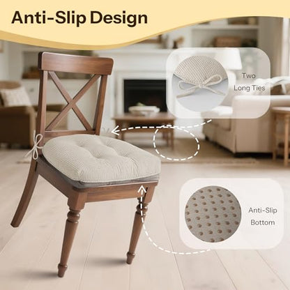 Indoor Kitchen Chair Cushions Set of 4 18"X16.5"X3" Soft Anti Slip Dining Chair Pads Tufted Kitchen Seat Cushion with Ties, Beige - color: Beige