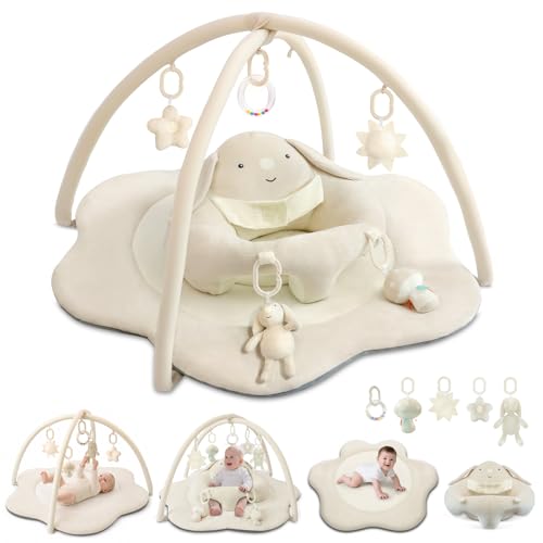 3-in-1 Baby Play Mat & Baby Seats for Infants for Sitting Up, Tummy Time Gym Activity Mat with 5 Detachable Toys, for Babies 0-6-12-18 Months, Newborn Babies Shower Gifts(Beige) - color: Beige