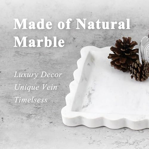 Square Marble Vanity Tray with Scalloped Edge - Natural Marble Perfume Tray Decor for Dresser, Vanity, Kitchen, Home Decor, Decorative Square Stone Tray - White 8 * 8 inch - color: White