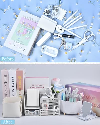 LXEVIHK 20Pcs White Desk Organizers and Accessories With Mesh Desk Organizer and 360°Rotating Pen Holder and a Lot of Office White Office Supplies Beautifully Presented in a Gift Box - color: white