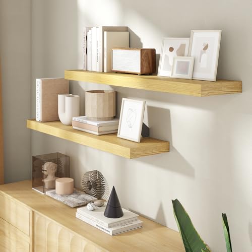 40 Inch Floating Shelves for Wall, 8 Inch Deep Floating Shelf for Storage & Display, Rustic Wall Mounted Shelf with Invisible Brackets for Living Room, Kitchen, Bathroom, Home Decor, Set of 2, Oak - color: Oak, size: 40 Inch, Set of 2