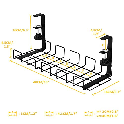 2 Pack Cable Management Under Desk Tray, 16", Black | Clamp Mounted, No Drill Holes Needed, For Computer Home Office Standing Tables, Conceals Power Strips