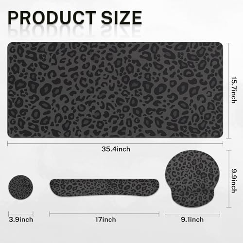 Arttown Leopard Desk Mat Black Grey Leopard Mouse Pad Set 4 in 1 Ergonomic Design Large Mouse Pad + Keyboard Wrist Rest + Mouse Wrist Rest + Coaster Suitable for Home Office Study Game - color: Black Grey Leopard