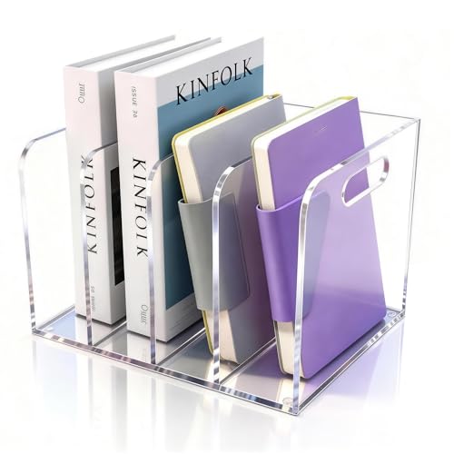 4 Vertical Compartments Clear Acrylic Magazine & File Holder – Multipurpose Desk Organizer for Office, Tablets, Magazines, Books – Documents/Home/Classroom Rack - size: A4, 4 Sections
