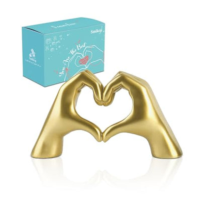 Gold Hand Heart Sculpture Home Decor for Living Room Bedroom Office Large | Resin Heart Gesture Statue Gifts Merch for Women Girls Wedding Birthday Love Finger Statue for Shelf Bookshelf Coffee Table - size: Large