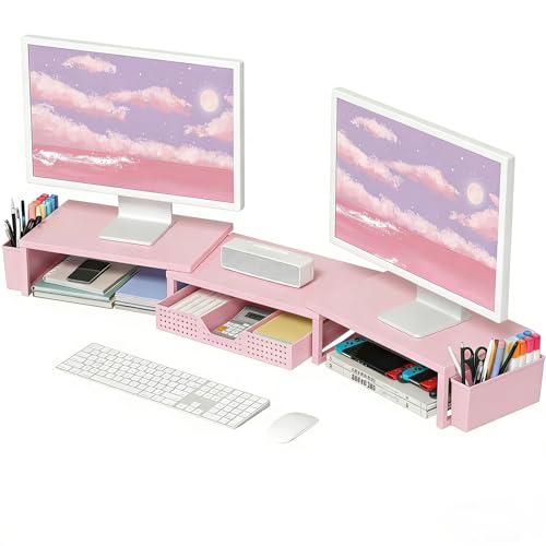 OPNICE Desk Organizers and Accessories, Dual Monitor Stand Riser with Drawer and 2 Pen Holders, Desk Shelf Wood Computer Racks for Office Workspace Organizers, Desktop Organization (Pink Wood) - color: Pink Wood