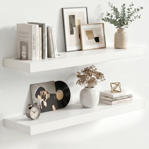 fuqing White Floating Shelves | 24 Inch Wood Floating Shelves for Wall Set of 2 | 24" W x 6.7" D x 1.4" H Rustic White Wooden Shelves for Bathroom Living Room Bedroom Kitchen - color: White, size: 24 Inch-UP