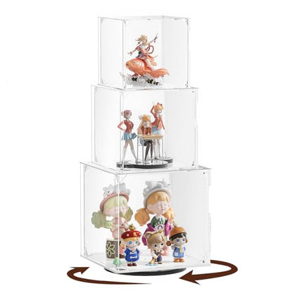 Rotating Acrylic Display Case for Figures - 3 Tier Stackable Storage Bins with Magnetic Door,Acrylic Boxes for Display, Clear Storage Box for Collectibles Cosmetic Perfume Organizer，Home Or Office