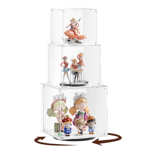 Rotating Acrylic Display Case for Figures - 3 Tier Stackable Storage Bins with Magnetic Door,Acrylic Boxes for Display, Clear Storage Box for Collectibles Cosmetic Perfume Organizer，Home Or Office