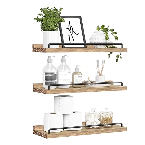 RYOFOBETTO Floating Shelves for Wall Decor, Light Brown Wood Shelves for Bathroom, Living Room, Bedroom, Picture Frames, Plants, Kitchen (Set of 3) - color: Light Brown, size: 16"