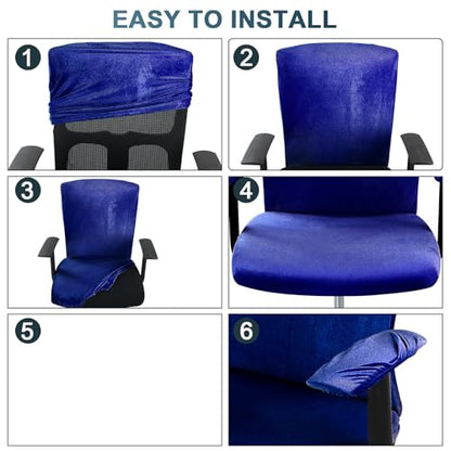 Tallew 4 Pcs Office Chair Covers Set Computer Universal Protective Stretchable Chair Seat Covers Desk Armrest Slipcovers Pads Office Cushion Backrest for Rotating(Dark Blue) - color: Dark Blue