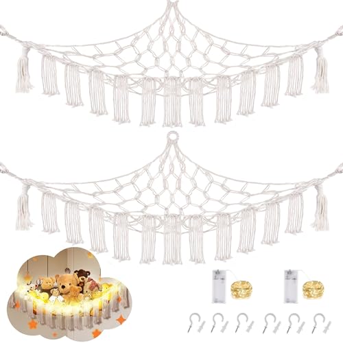 CERETIA Stuffed Animal Hammock with LED Light, Large Stuffed Animals Storage Corner Plushie Net for Kids Room Decor, 2 Packs White - color: White, size: Large-(Package of 2)