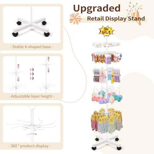 Flenpptly Retail Display Stand, 5-Tier Rotating Display Rack for Store Display, Movable and Adjustable Spinning Display Stand for Earrings, Jewelry, Keychains, Socks Display (White) - color: White