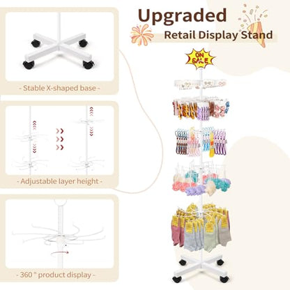 Flenpptly Retail Display Stand, 5-Tier Rotating Display Rack for Store Display, Movable and Adjustable Spinning Display Stand for Earrings, Jewelry, Keychains, Socks Display (White) - color: White