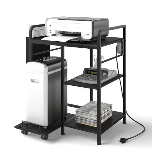 Sedegn Large Printer Stand with 3 AC Outlets for Home Office Devices | Heavy-Duty Printer Table for Laser Printer, Side Paper Storage Bag, 3-Tier Organizer for Shredder, PC Tower & Supplies, Black - color: Black