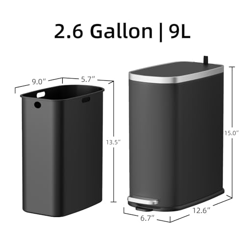 KUK Slim Bathroom Trash Can with Lid Soft Close, Step Pedal, 2.6 Gal/ 10L Stainless Steel Garbage Can with Removable Inner Bucket, Anti-Fingerprint Wastebasket for Office, Bedroom, Toilet (Black) - color: Matt Black-P2