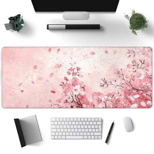 Desk Mat, Japanese Cherry Blossom XXL 35.4"x15.7"Large Gaming Mouse Pad, 3mm Thick Gaming Keyboard Pad,Desk Pad Non-Slip Rubber Base with Stitched Edges for Office Game Home Decor - color: Pink Cherry Blossom