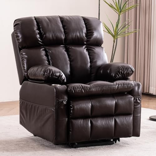 Power Dual Motor Lift Recliner Chair with Massage & Heat Adjustable Headrest, Reclining Home Theater Seating, Single Sofa with USB/Type C/Cup Holders/Side Pocket (Brown, 1 Seat) - color: Brown, size: 1 Seat