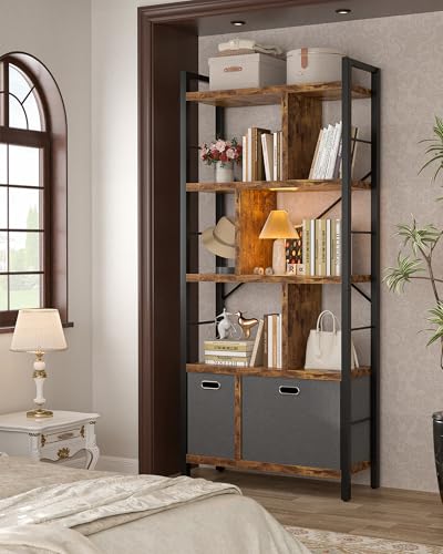 Armocity Bookshelf with Drawers - 5 Tier Tall Bookcase Geometric Modern Book Shelf Display Standing Bookshelves with Storage for Living Room, Bedroom Home Office, Rustic Brown - color: Rustic Brown