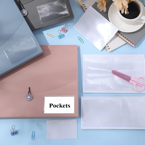 Outus 100 Pcs Index Card Pockets, 2 x 3.75, 3 x 5 Inch Clear Self Adhesive Labels Pocket for Business, Plastic Label Sleeves with Top Open for Organizing Storage Bins Library Card Shelves Scrapbooks - size: 2 x 3.75, 3 x 5 Inch