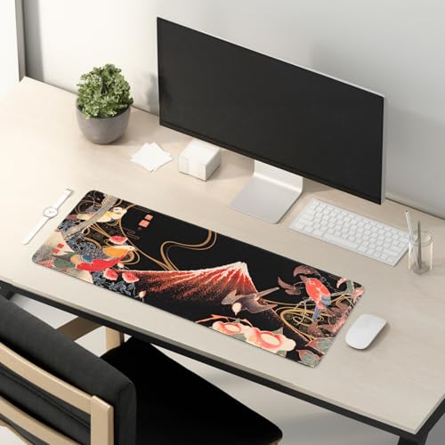 BELLEMOND Japanese Art Desk Mat | Large 31.5x11.8in Anime Mouse Pad for Keyboard & Mouse | Non-Slip Base, Water-Repellent | Original Japanese Design | Crimson Wings Over Fuji - color: Crimson Wings Over Fuji