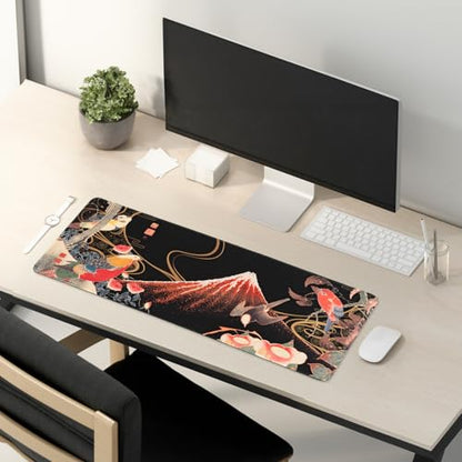 BELLEMOND Japanese Art Desk Mat | Large 31.5x11.8in Anime Mouse Pad for Keyboard & Mouse | Non-Slip Base, Water-Repellent | Original Japanese Design | Crimson Wings Over Fuji - color: Crimson Wings Over Fuji